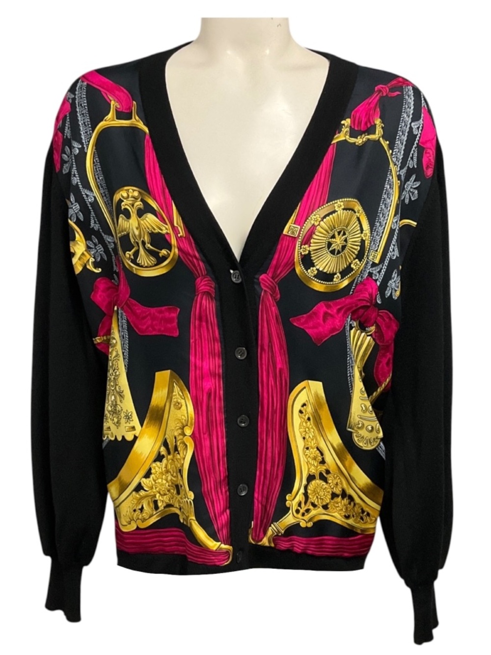 HERMES BLACK / PINK / GOLD MULTI SILK SCARF PRINT CASHMERE AND SILK KNIT CARDIGA